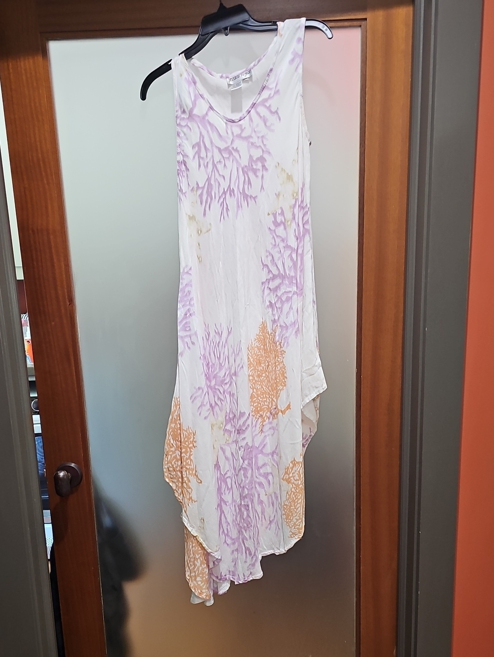 Sleeveless White Swim Coverup with Lavender & Coral Reef Print,with Starfish